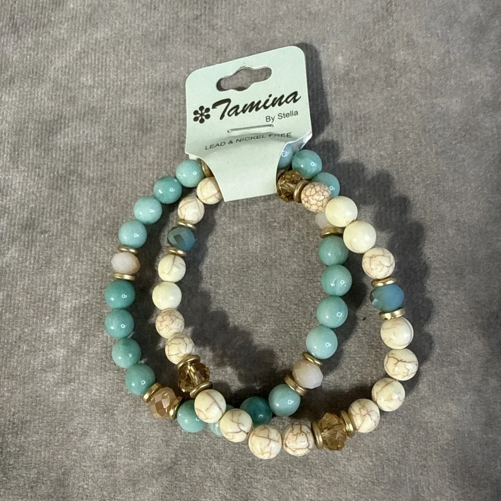 Tamina By Stella 2 Stretch Bracelet Faux Turquoise Gold Tone Marbled Beads